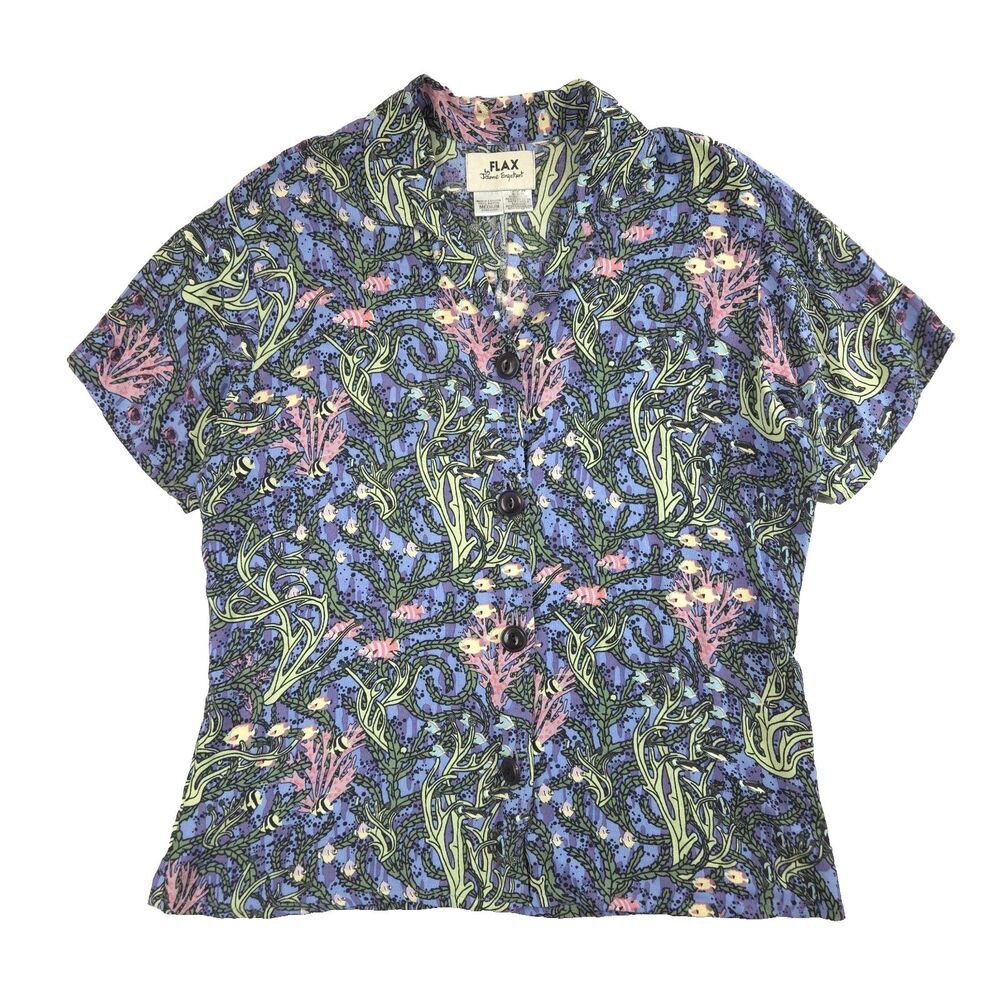 FLAX Jeanne Engelhart Short Sleeve Button Shirt M Ocean Print Resort Coastal